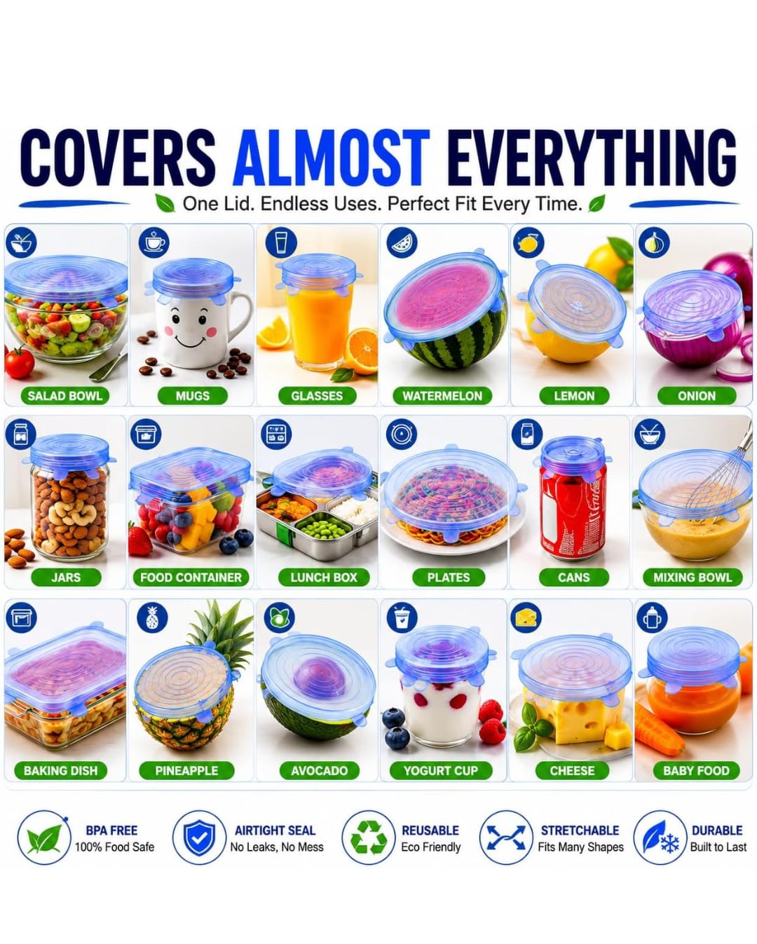 Reusable Silicone Stretch Lids Set of 6 | Airtight Food Covers